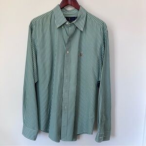 Ralph Lauren Men’s Green and White Vertical Stripe Button-Down Shirt